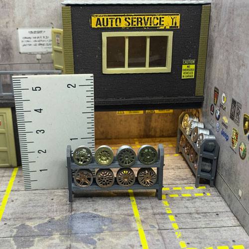 1-64-garage-diorama-rims-store-for-Hot-Wheels-gold-plated-wheels-with-a-shelve-and-rainbow-gold-green-wheels-shelve