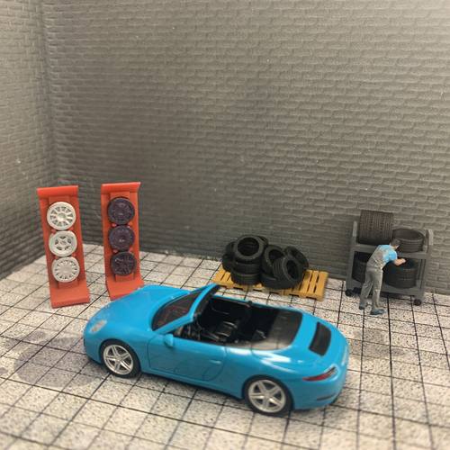 1-87 H0 scale car garage diorama mechanics rims store
