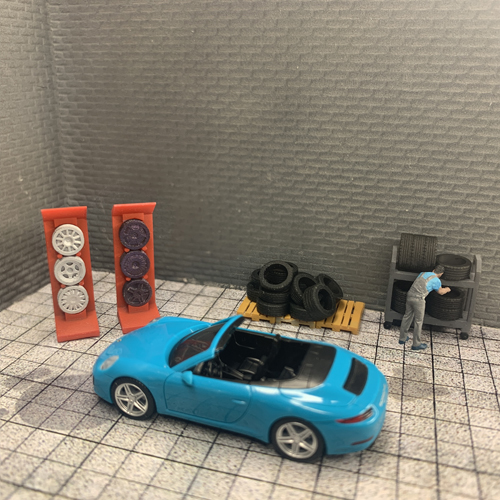 1-87 car service garage diorama Rack on wheels with new tires for your garage