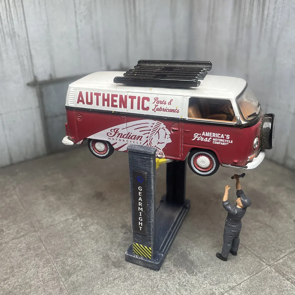 Mechanic Working Under Car On Two Post Lift 1 64 Garage Diorama Accessory